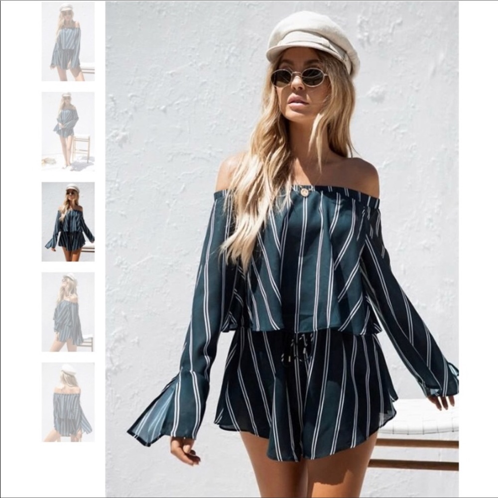 Off the shoulder striped jumpsuit/romper